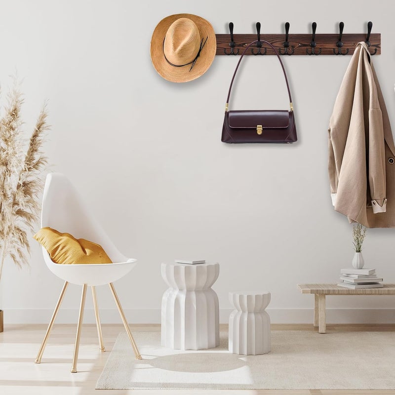 Kuhome 32.2'' شماعة ملابس كبيرة مثبتة على الحائط مع 8 خطافات معدنية ثلاثية سوداء من خشب الصنوبر البني الحقيقي - Image 4